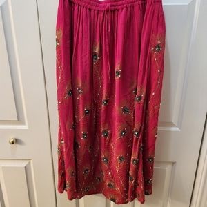 Cassee's Size XL Pink Flowy Skirt Elastic-waist  Embroidery Peacock Design